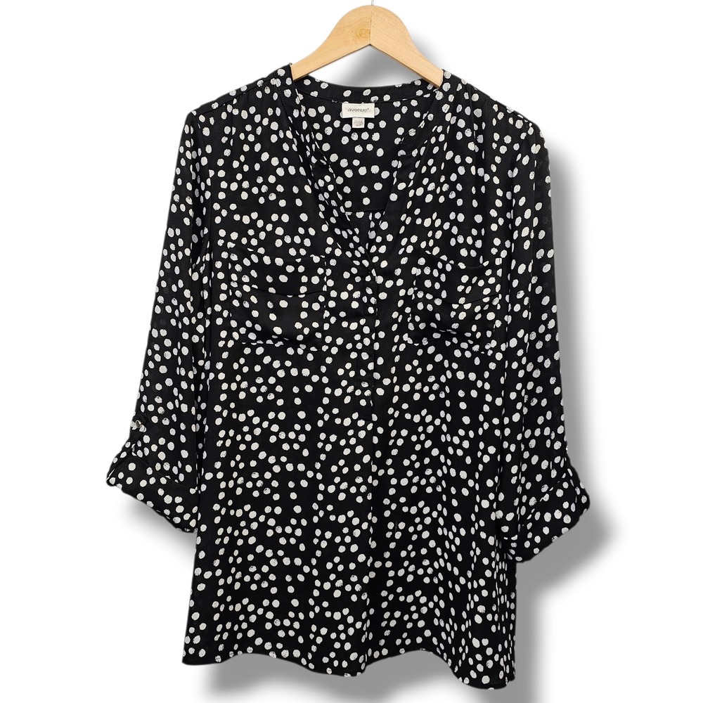 Avenue Top Womens Plus‎ 18/20 Black White Polka Dot Roll Tab Sleeve Lightweight